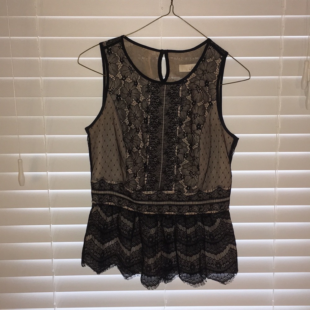 Black/nude lace peplum sleeveless blouse